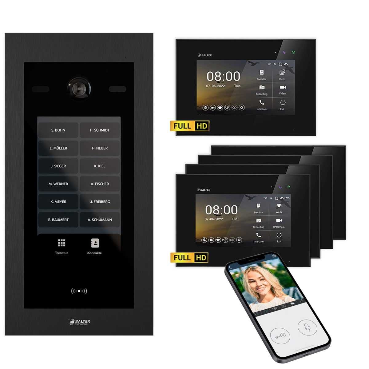 4255573310568 - Balter EVO HD Touch Video Türsprechanlage Ein- & Mehrfamilienhaus Schwarz 4x 7 Monitor WiFi + 1x 7 M 4255573310568 - Balter EVO HD Touch Video Türsprechanlage Ein- & Mehrfamilienhaus Schwarz 4x 7 Monitor WiFi + 1x 7 M