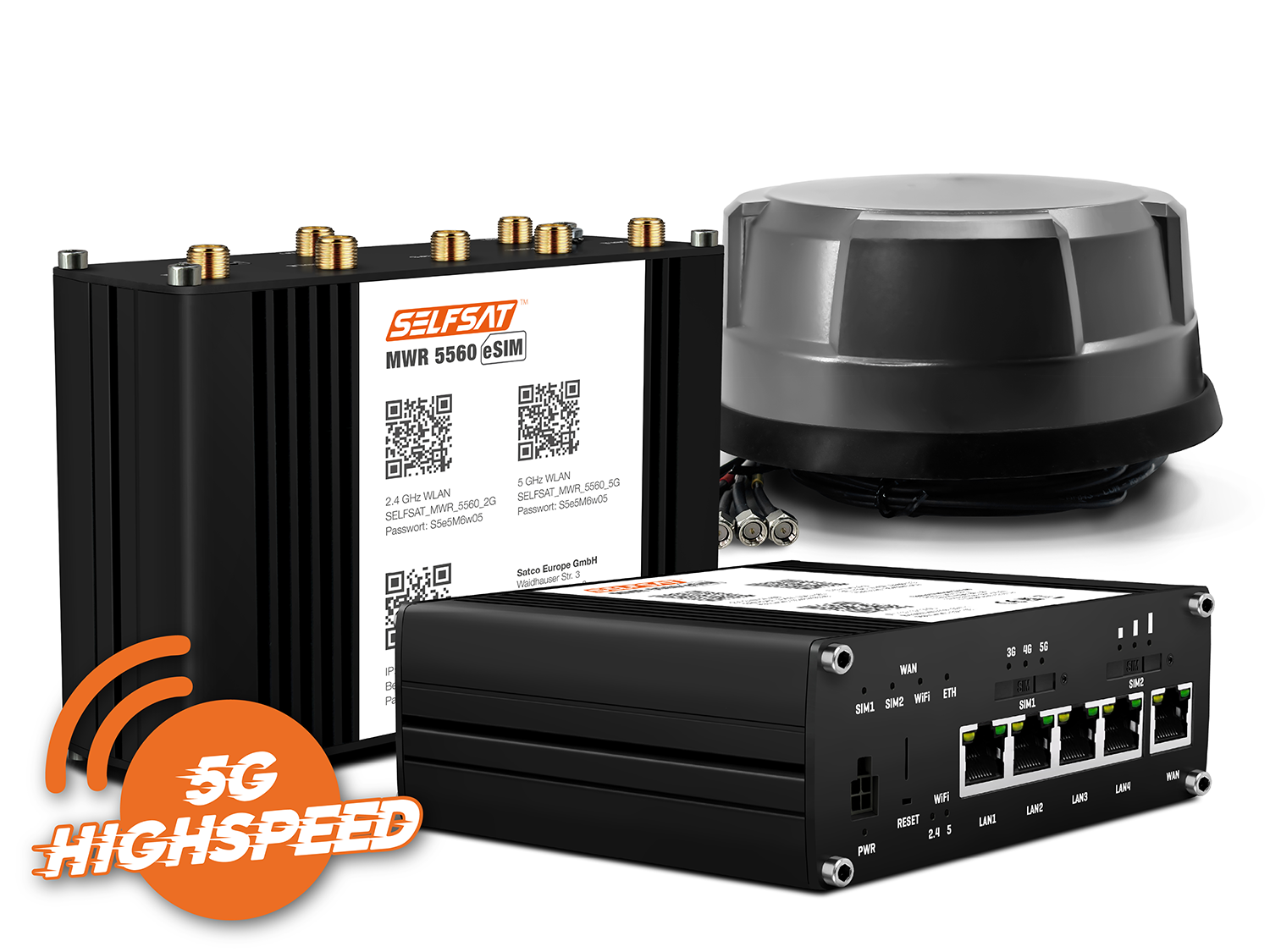 SELFSAT MWR 5560 eSIM 5G Cat 20 WLAN Router bis 3,4 Gbps inkl. Panorama Antenne schwarz